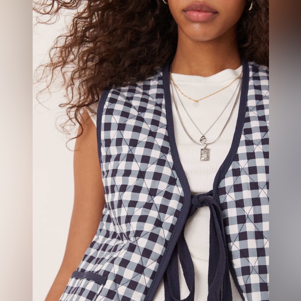 Free People Claudine Quilted Vest Gingham Tie-Front Medium 100% Cotton - Picture 2 of 12